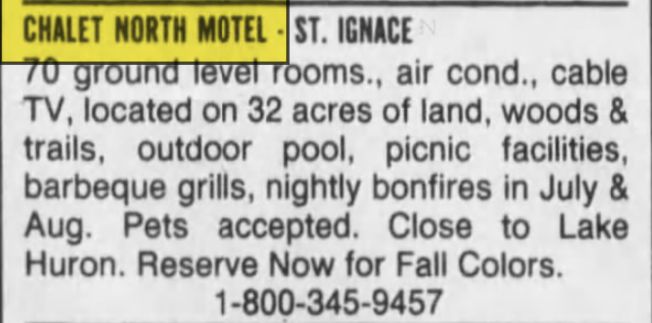 Chalet North Motel (Island View Lodge Motel) - Aug 1991 Ad
